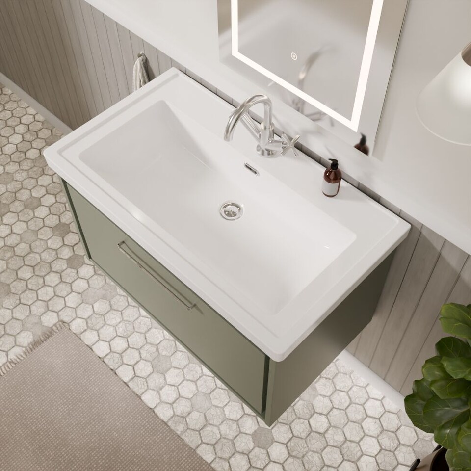 image 1 of Balterley Modern Bathroom Wall Hung Single Drawer Vanity Unit with Fireclay Basin - 1 Tap Hole | Green | Reed Green | 498 x 830 x 471mm