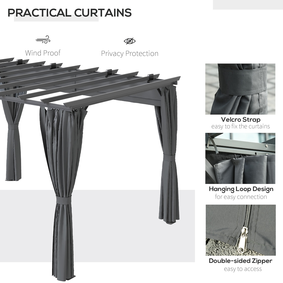 image 1 of Outsunny 3.6 x 3m Outdoor Pergola with Retractable Roof and Curtains, Garden Gazebo Canopy Sun Shade Shelter with Aluminum Frame, Dark Grey