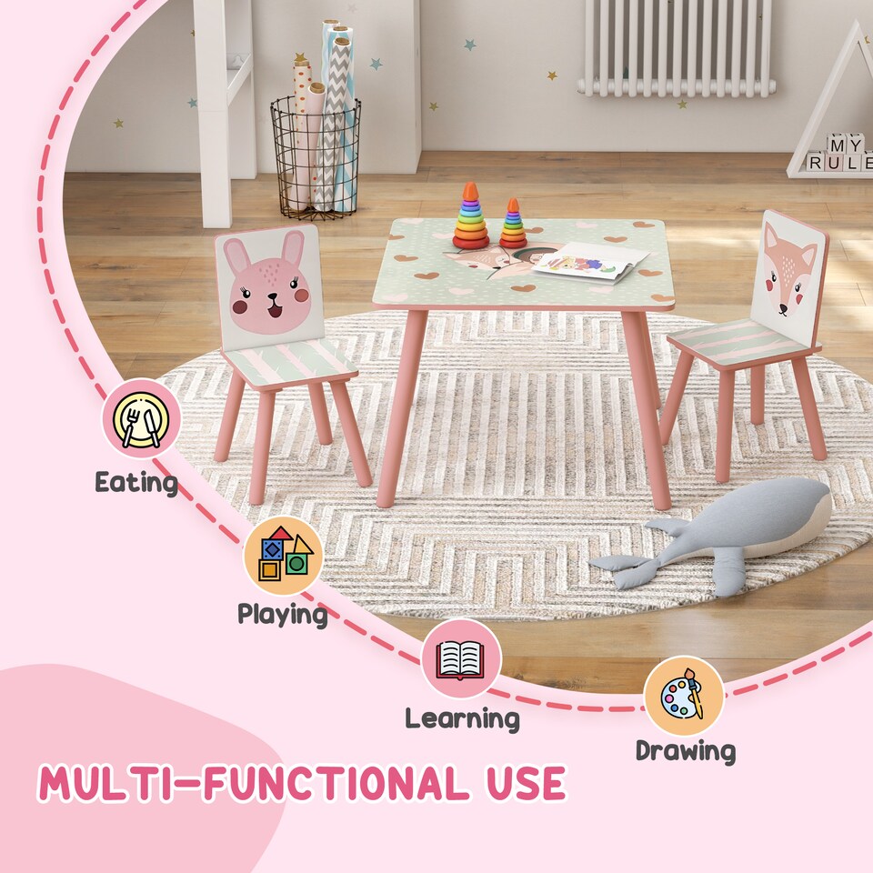 image 1 of ZONEKIZ Kids Table and Chairs, Children Desk with Two Chairs, Three Piece | Pink
