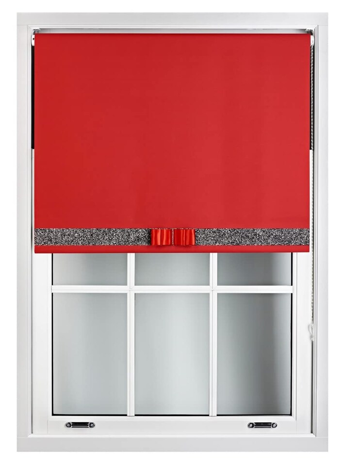 image 1 of FURNISHED Blackout Roller Blind with Black Glitter Trim and Red Bow Trimmable Window Shade | Red | Red | (W) 45cm x (L) 210cm