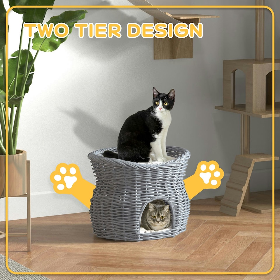 image 1 of PawHut 2-Tier Elevated Pet Cushion Bed Basket Willow Cat Tree House Condo Kennel
