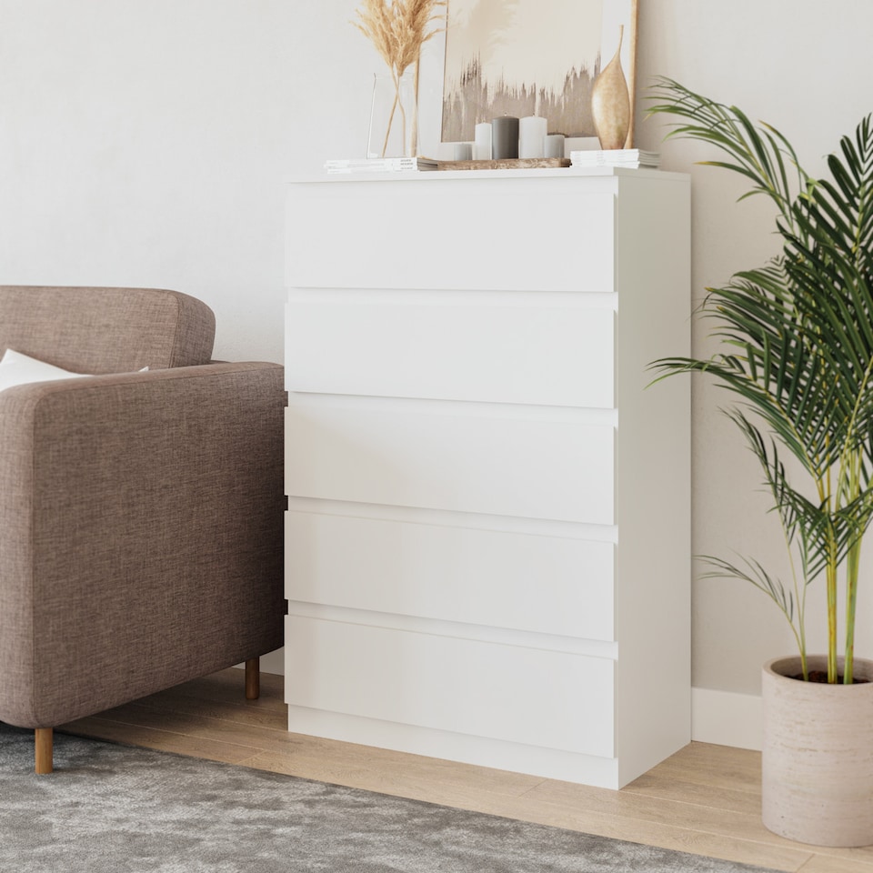 image 1 of Minimalist Chest of 5 Drawers 108.5x70x35 | White | White & White | 1