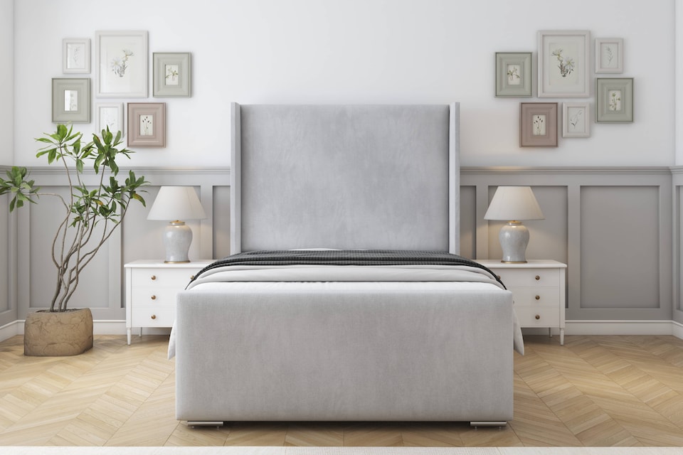 image 1 of Sloomy Devonshire Silver Naples Bed Frame With Mattress With 50"  Upholstered Wingback Headboard 2'6 Small Single