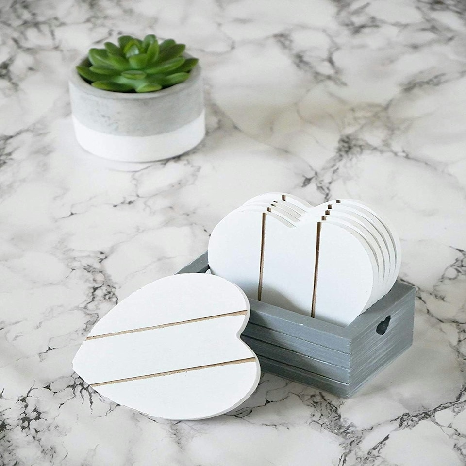 image 1 of Marco Paul  Set of 6 White Heart Wooden Coasters