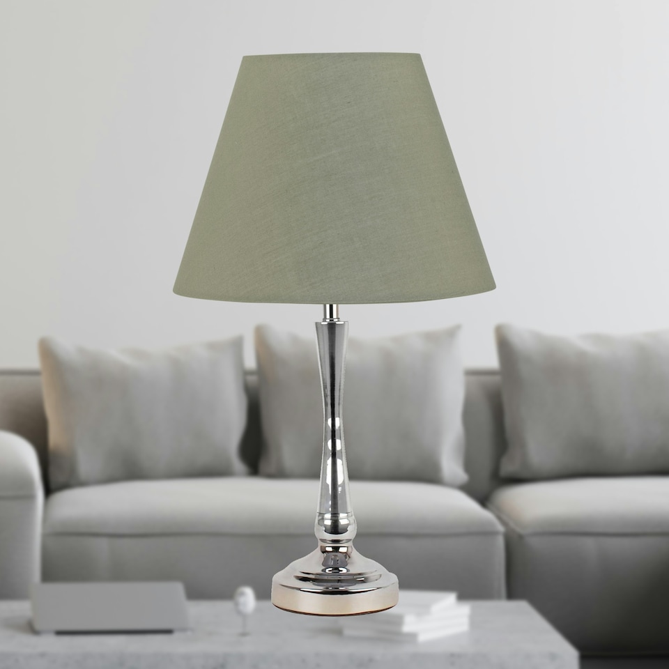 image 1 of Set of 2 Chrome Table Lamps with Stem Detail and Sage Green Shades Chrome | Green