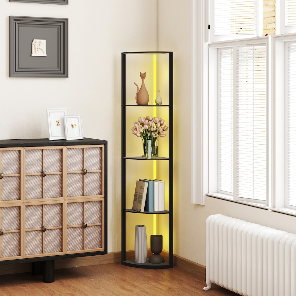 image 1 of HOMCOM RGB LED Floor Lamp with Shelves, 5-Tier Dimmable Standing Lamp with Adjustable Brightness and Remote Control, Modern Corner Display Shelf Unit for Living Room Bedroom Office, Black | Black