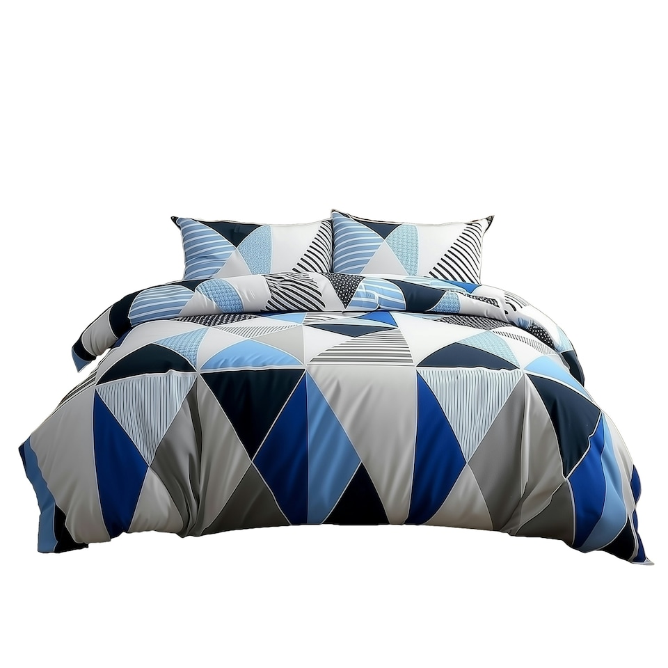 image 1 of Duvet Cover And Pillowcase Set Multi Colour Triangle Design Polycotton Bed Linen White | White | Double