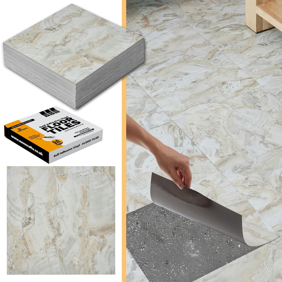 image 1 of NOVECRAFTO Vinyl Floor Tiles Self Adhesive – 12x12in Peel and Stick Flooring for Kitchen, Bathroom & Living Room – Beige Marble Flow Design Brown | 4.65 sqm