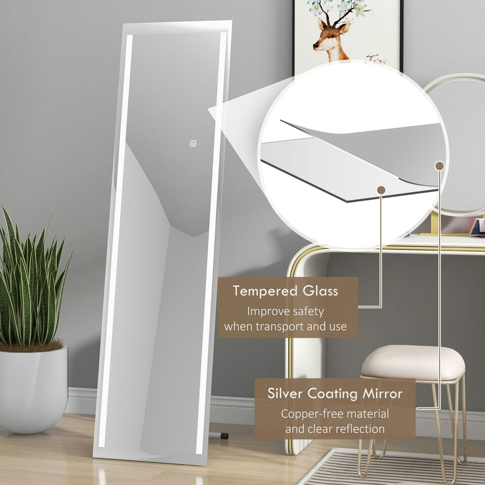image 1 of HOMCOM Full Size Body LED Mirror, Dimmable Lighted Mirror for Bedroom