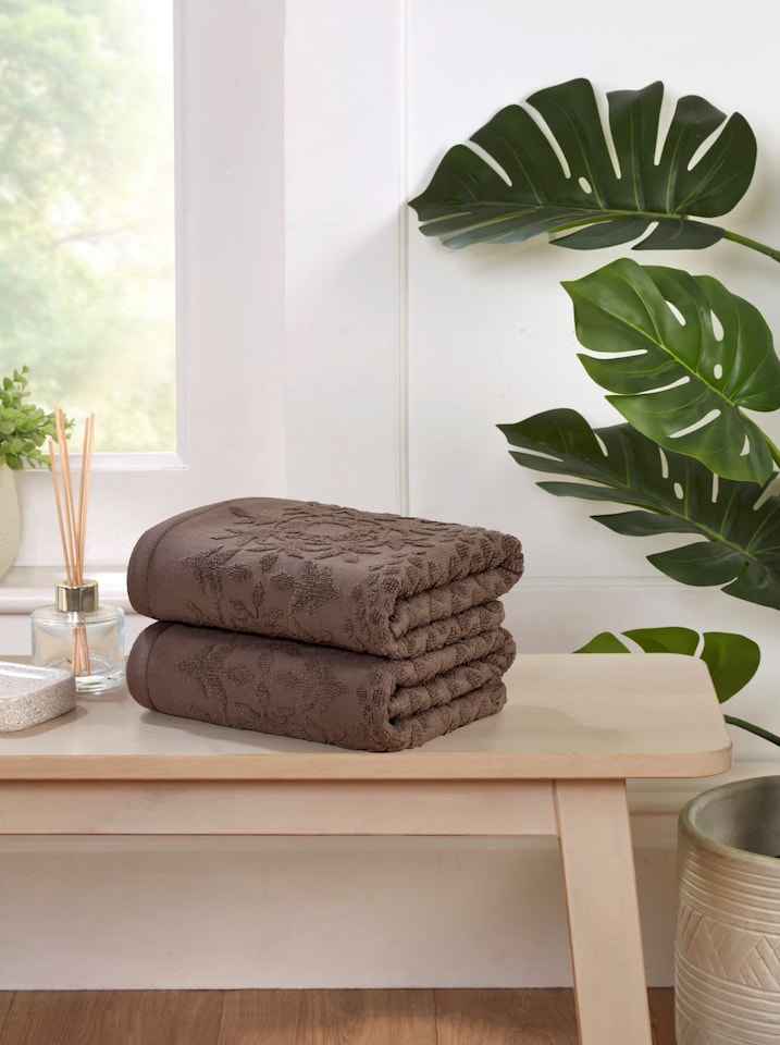image 1 of Versailles Jacquard Cotton Bath Sheet Towels Set Of 2 | Brown | Bath sheet | 2