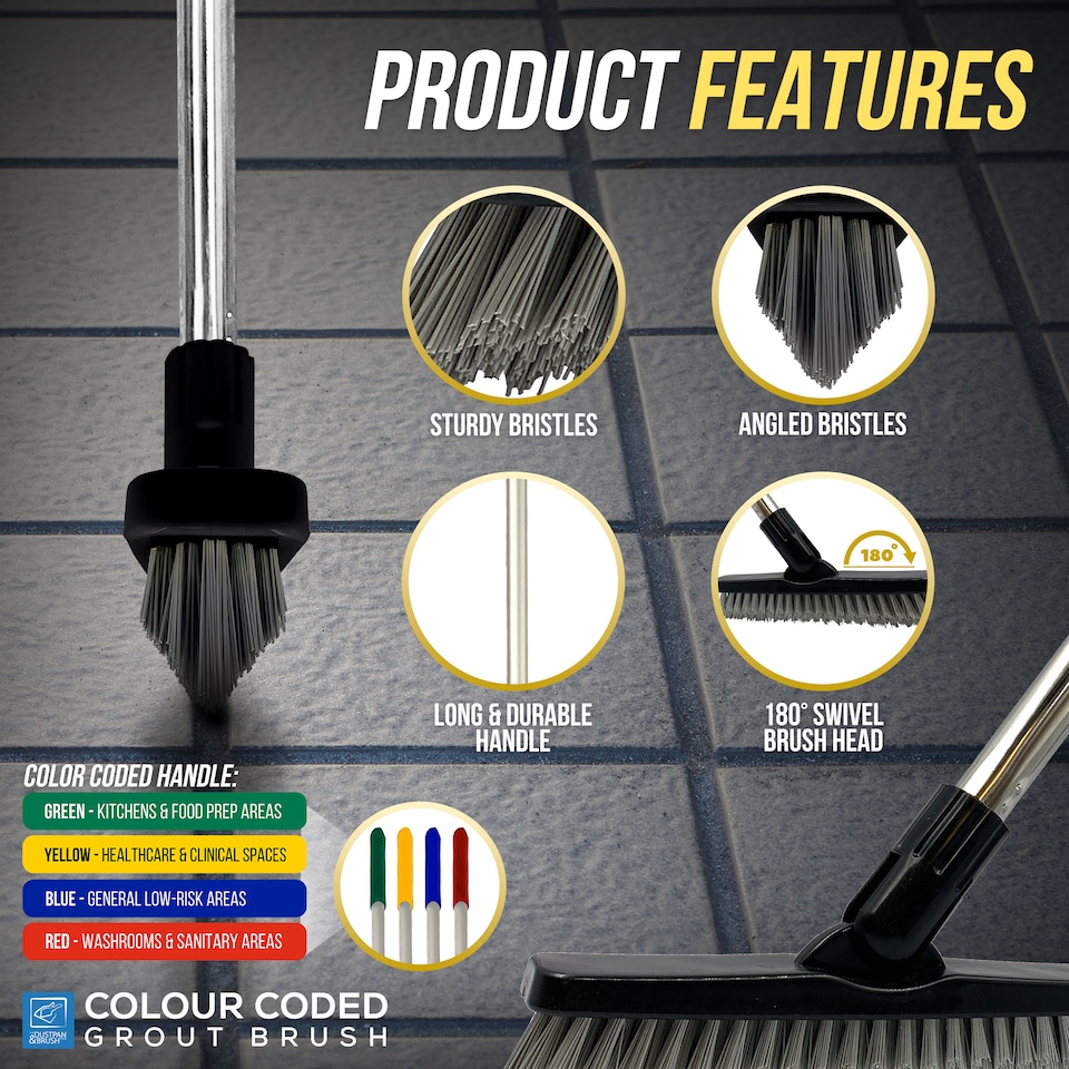 image 1 of Colour-Coded Angled Grout Brush with Handle 180° Swivel Tile & Corner Scrubber
