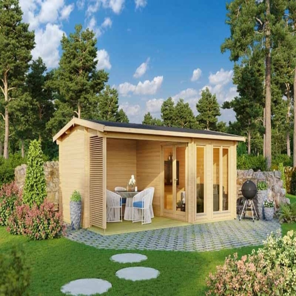 image 1 of Torquay 44-Log Cabin, Wooden Garden Room, Timber Summerhouse, Home Office - L615 x W434.8 x H245.1 cm Brown