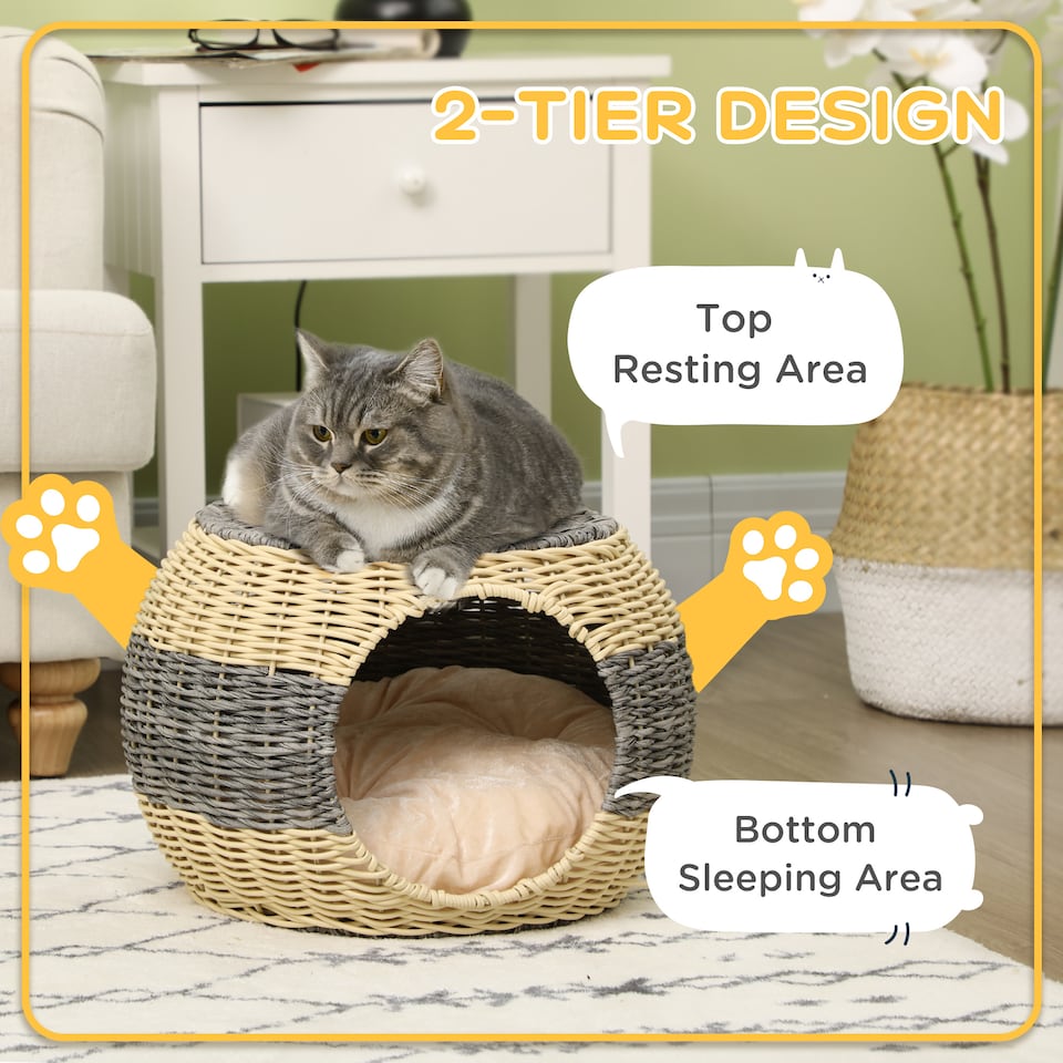 image 1 of PawHut Wicker Cat House, Rattan Raised Cat Bed with Soft Cushion, 40 x 30cm