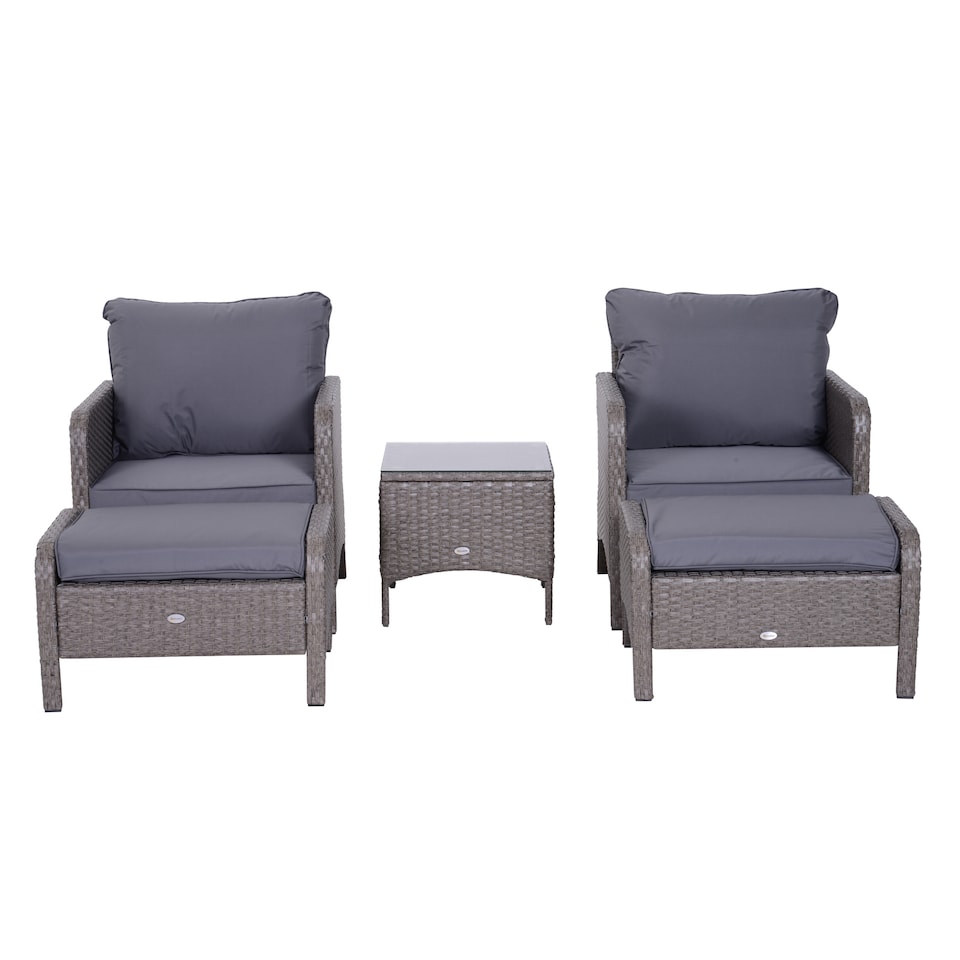 image 1 of Outsunny 5 Pieces PE Rattan Garden Furniture Set with 10cm Thick Padded Cushions, Wicker Weave Outdoor Seating Chairs with 2 Armchairs, 2 Stools, Glass Top Table, Grey