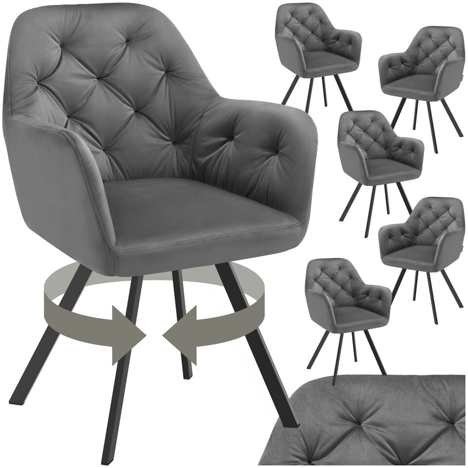 image 1 of Armchair Lucia - padded, quilted pattern, 180 degree swivel chair - Set of 6 Grey | Anthracite