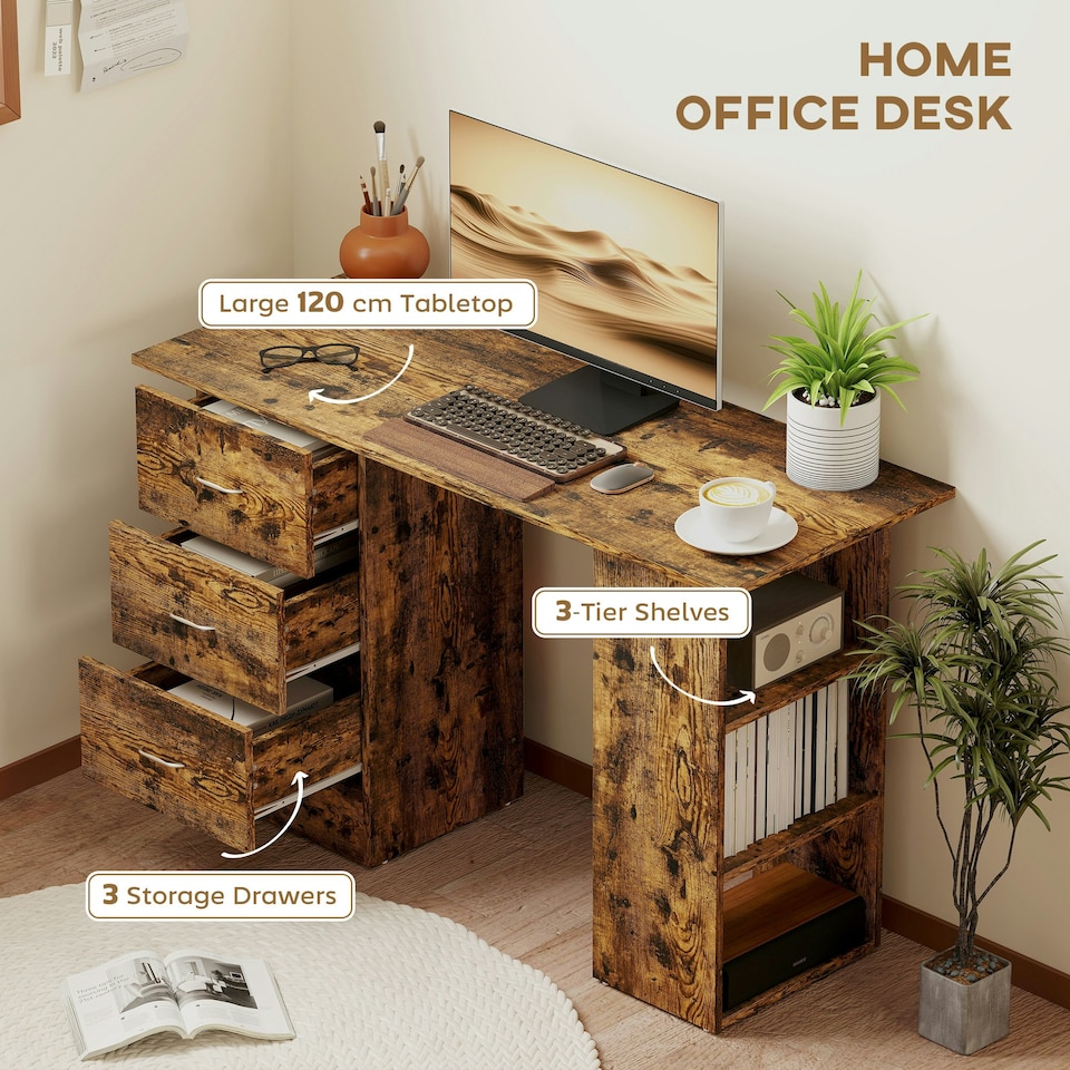 image 1 of HOMCOM 120cm Computer Desk, Study Table with 3 Shelf & Drawers, Rustic Brown | Brown | Rustic | 120W x 49D x 72H cm