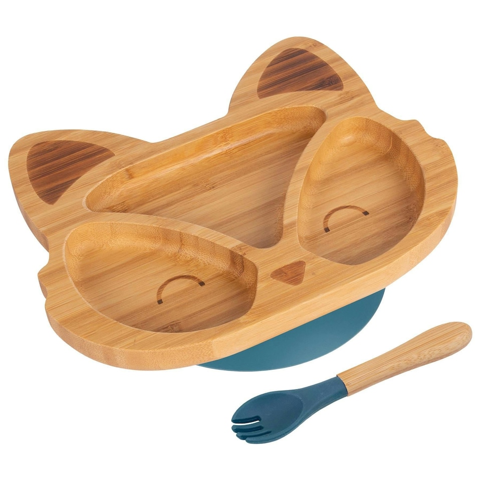 image 1 of Tiny Dining Bamboo Fox Baby Weaning Plate & Fork Set - Navy Blue