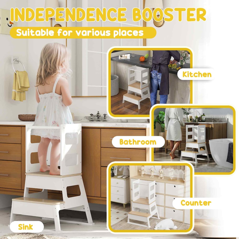 image 1 of AIYAPLAY 2 in 1 Toddler Tower w/ Chalkboard, Safety Rail, for Kitchen, Sink