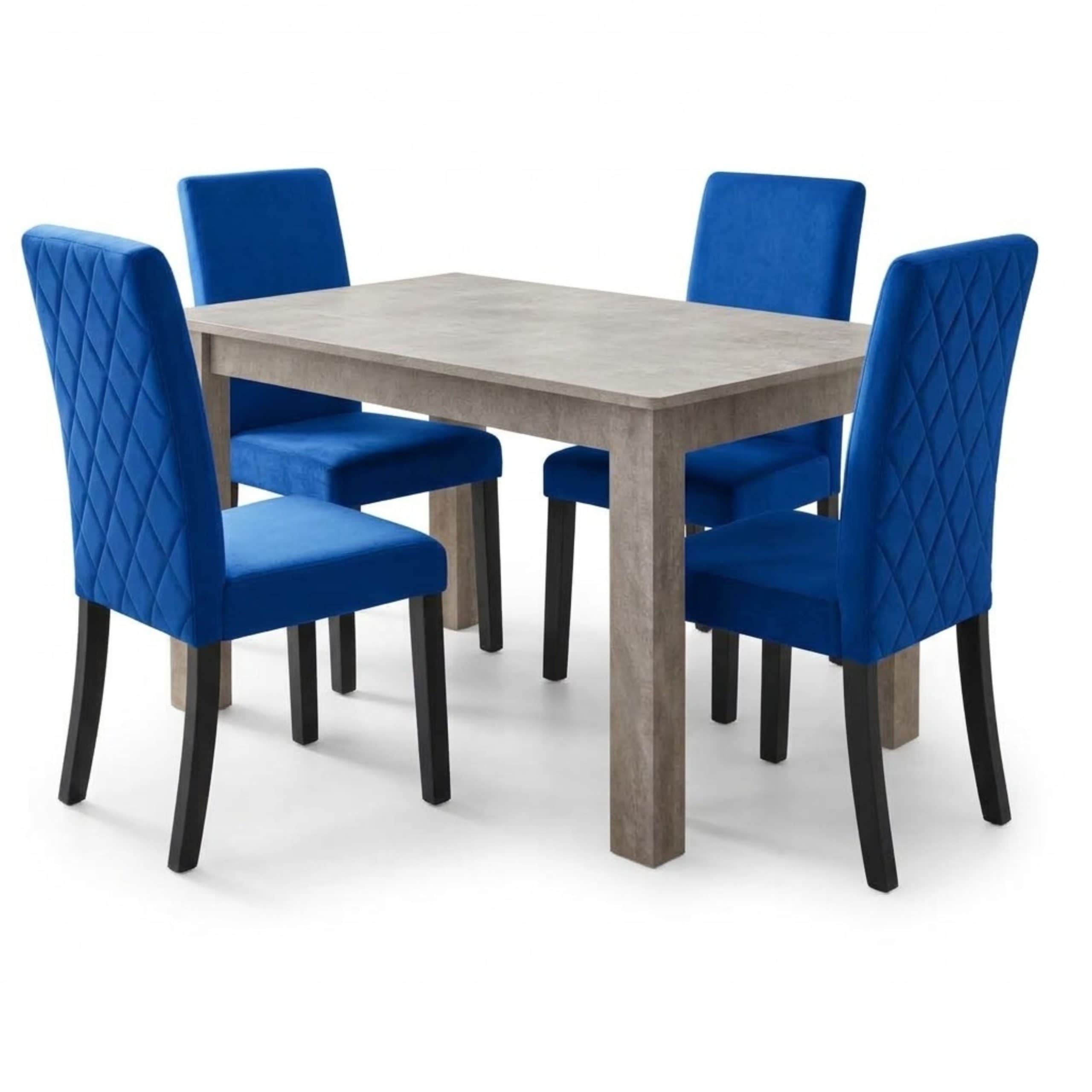 Blue Diamond Stitch Velvet Dining Chairs with Wooden Legs and Stone Grey Effect Table 4 Seater Set