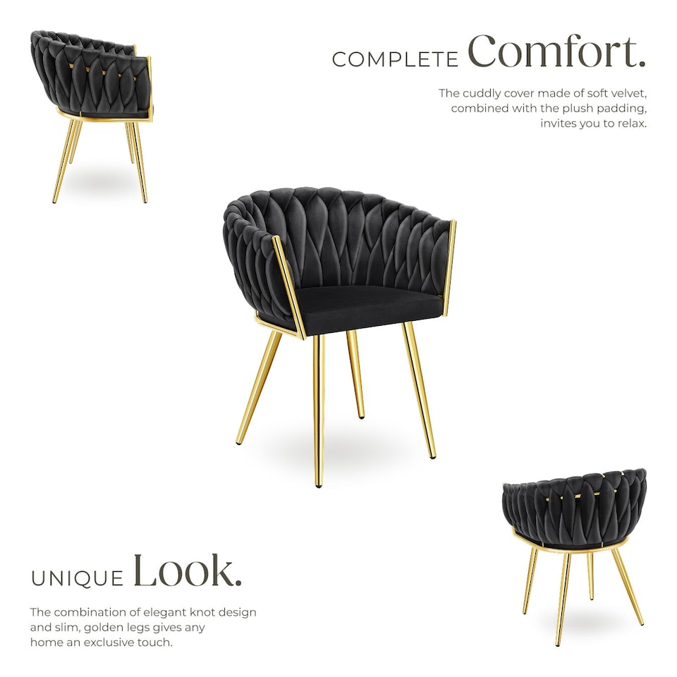 image 1 of Dining Chair Astano - padded, velvet, knot design, continuous backrest | Black | black/gold | 6