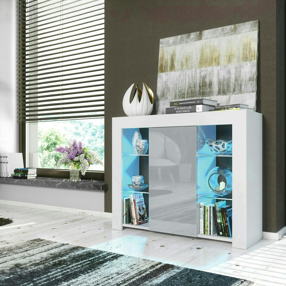 image 1 of Sideboard 97.5cm Grey Gloss Door White Matt Body Glass Shelves Free LED White | Grey