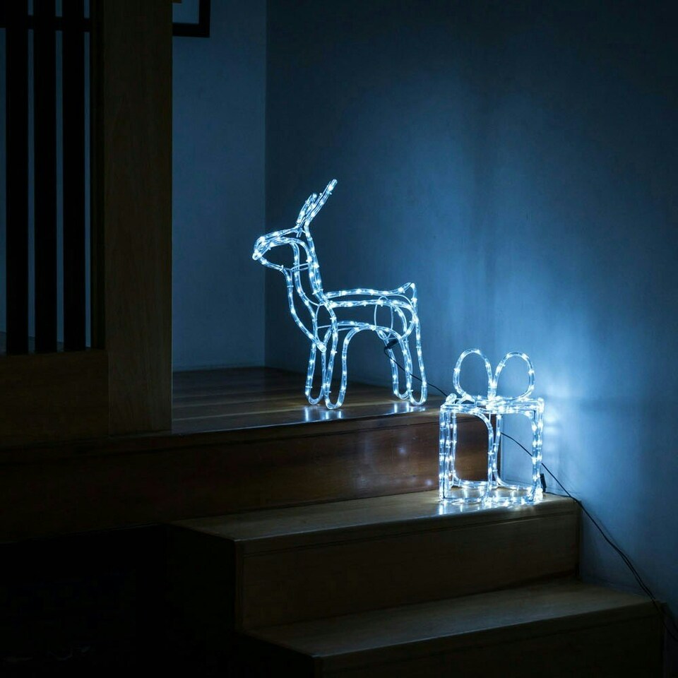 image 1 of ValueLights Set of 2 Standing Reindeer and Xmas Gift Present Rope Light Cool White Indoor / Outdoor Decoration
