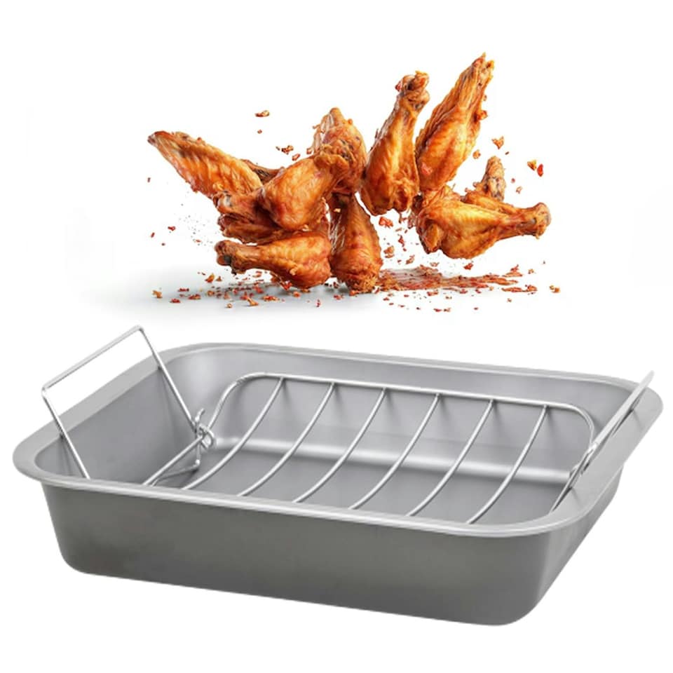 image 1 of 36cm Non-Stick Stainless Steel Curved Roasting Rack & Tray for Ovens Silver