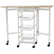HOMCOM Drop-Leaf Kitchen Cart Trolley w 3 Baskets Drawer Surface Top 6 Universal Wheels Rolling Storage Unit Kitchen Home Dining Island White Oak Tone