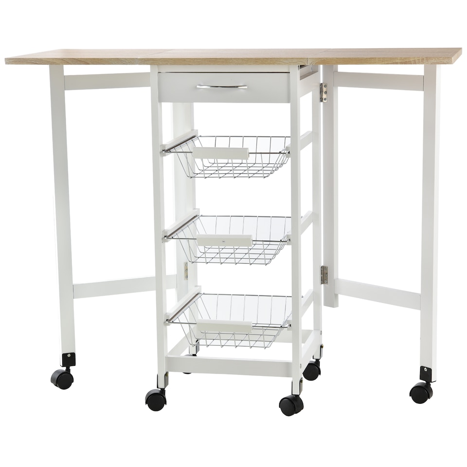 image 1 of HOMCOM Drop-Leaf Kitchen Cart Trolley w 3 Baskets Drawer Surface Top 6 Universal Wheels Rolling Storage Unit Kitchen Home Dining Island White Oak Tone