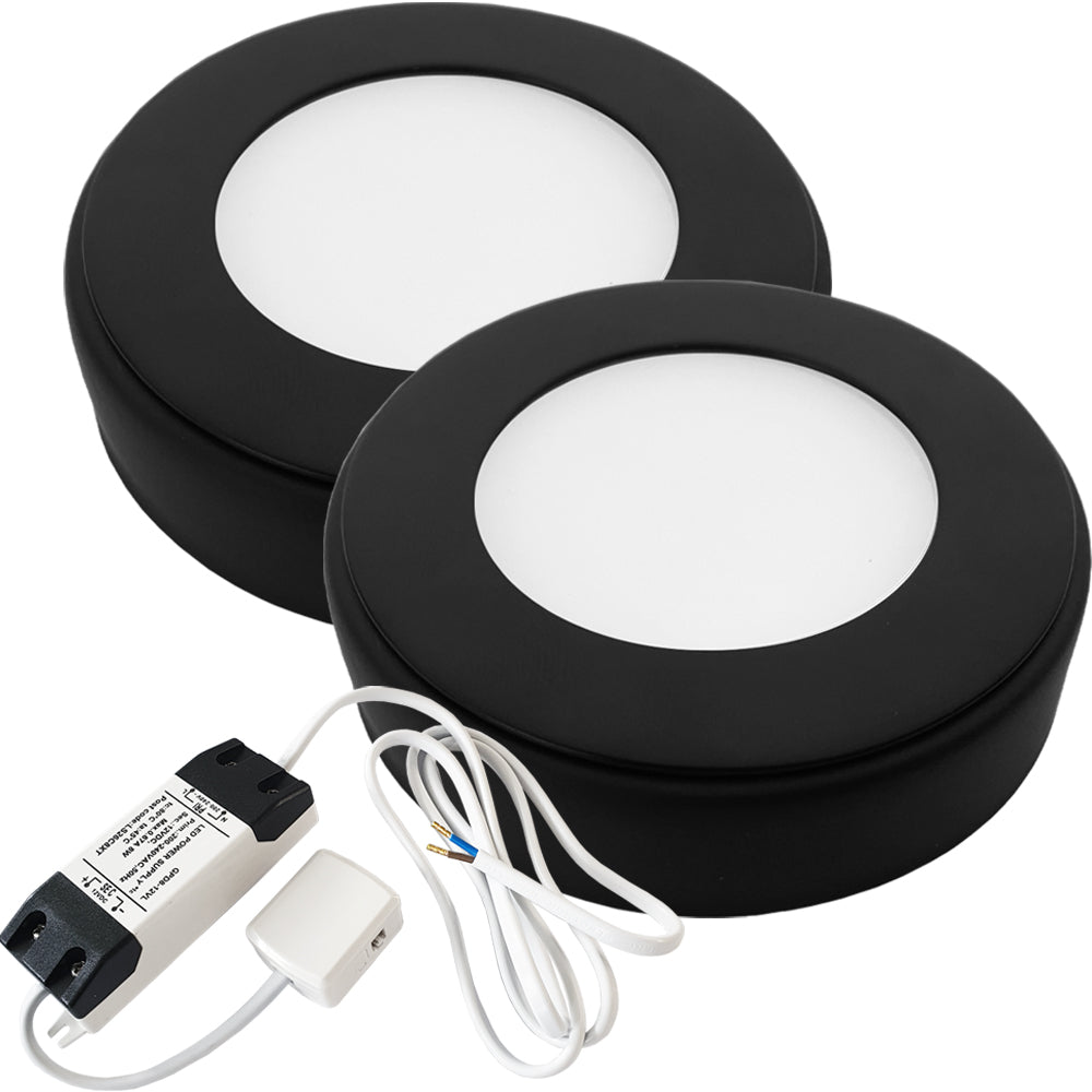 Loops 2x MATT BLACK Round Surface or Flush Under Cabinet Kitchen Light & Driver Kit - Natural White LED
