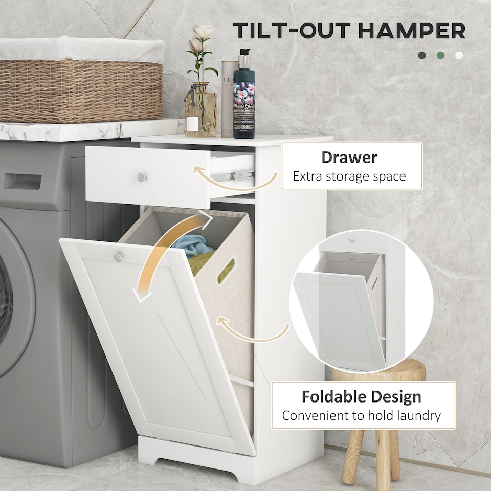 image 1 of HOMCOM Bathroom Cabinet with Folding Laundry Hamper and Drawer, White