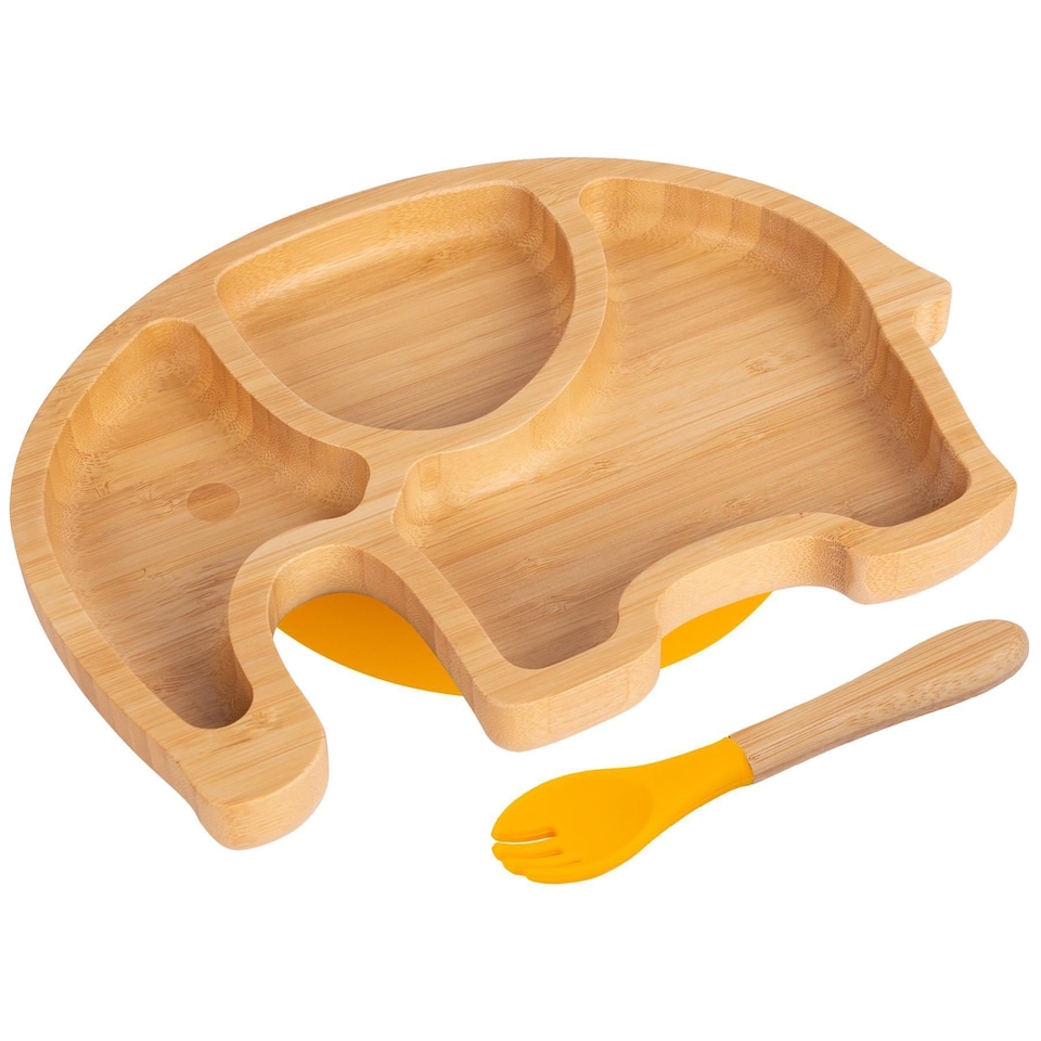 image 1 of Tiny Dining Bamboo Elephant Baby Weaning Plate & Fork Set - Yellow