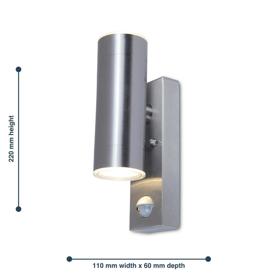 image 1 of Rado - Stainless Steel IP44 Outdoor Motion Sensor Up Down GU10 Wall Light Silver | Clear