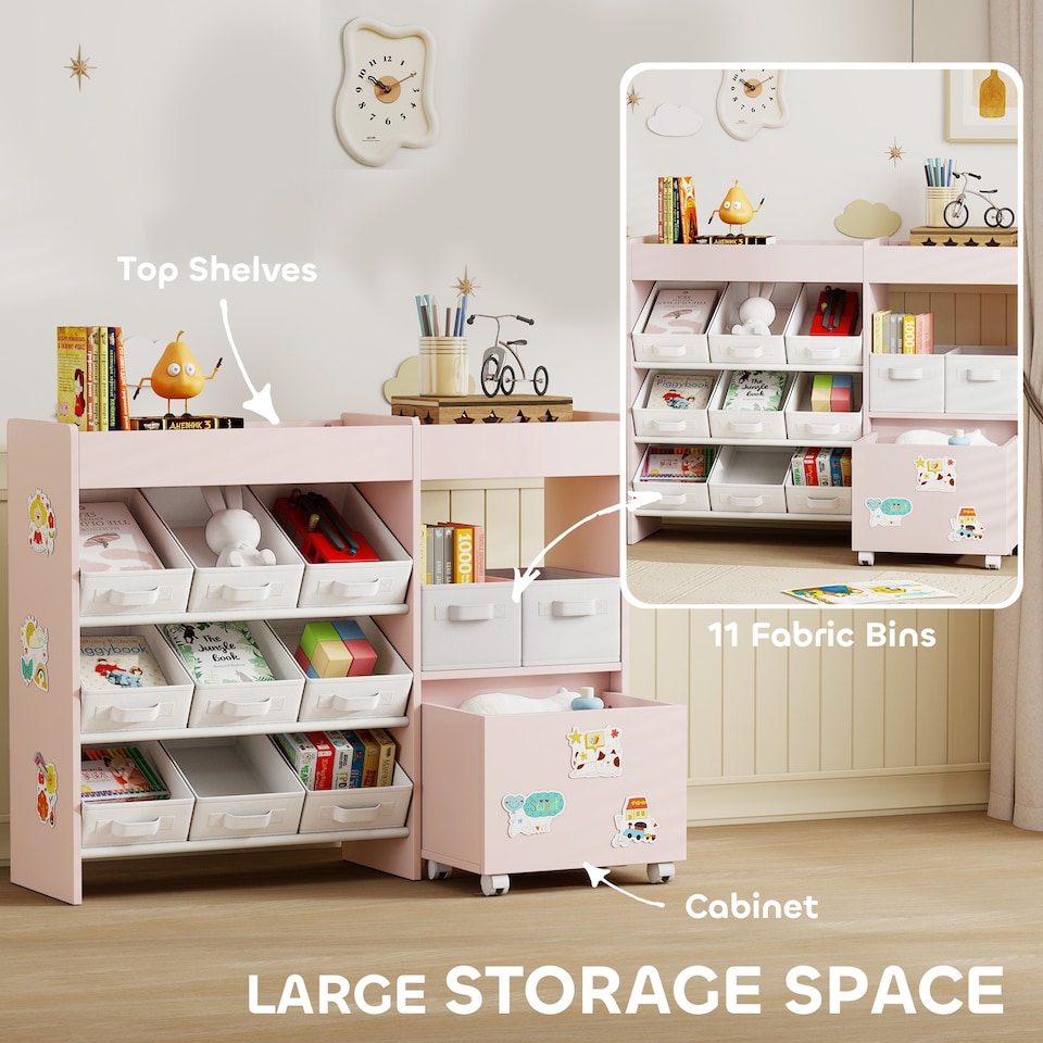 image 1 of AIYAPLAY Kids Toy Storage Unit, Children Toy Box Organiser with 11 Fabric Bins, Cabinet, Top Shelves, 3 Stickers, Kids Storage Unit Bookshelf for Nursery, Playroom, Kindergarten | Pink