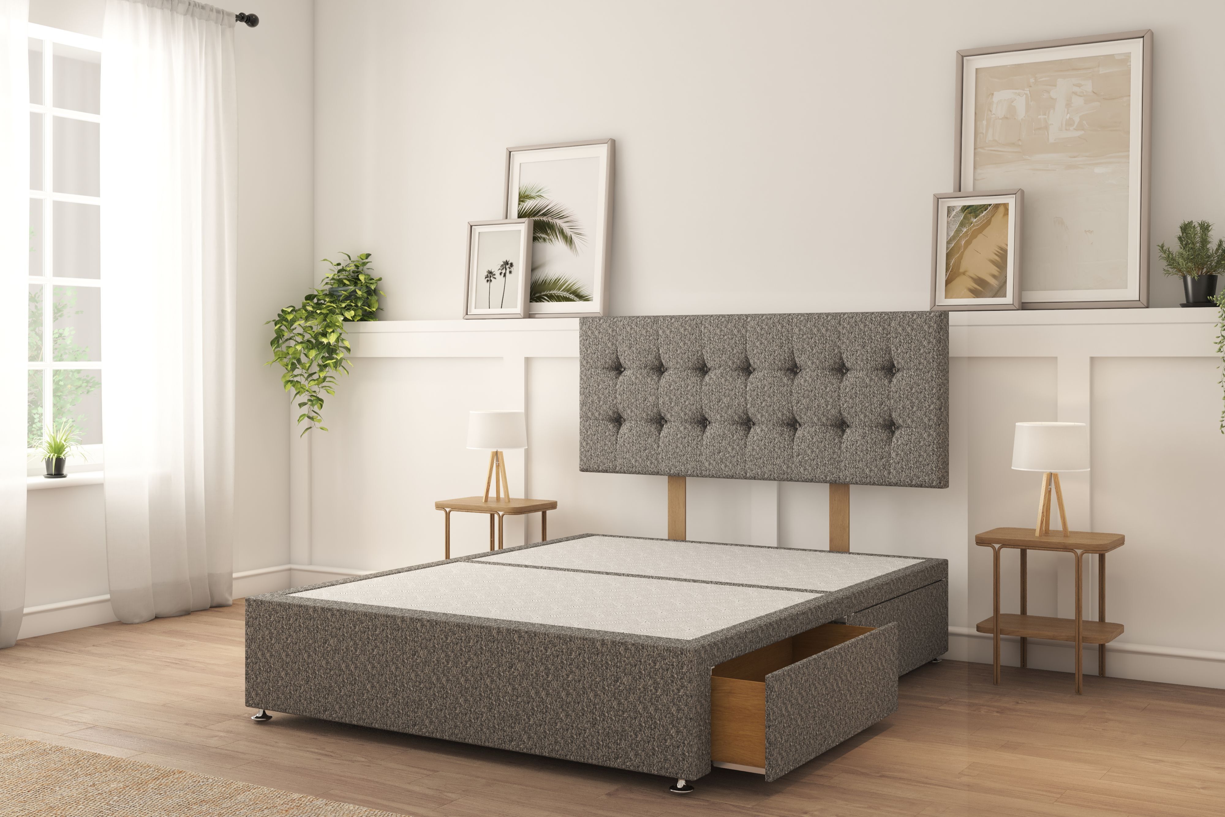 Sloomy Alabama Pewter Tweed Divan Bed Base 2 Drawers Same Side With 26" Strutted Headboard 4'6 Double