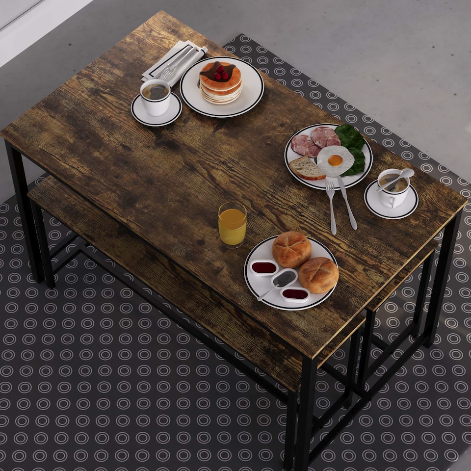 image 1 of Vida Designs Brooklyn 4 Seater Dining Set 3 Piece Table & Bench Set, Dark Wood