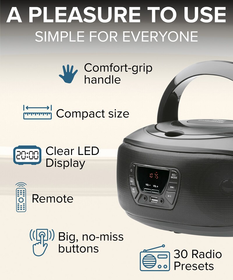 image 1 of Grouptronics Small Portable CD Player For Home With Speakers – Boombox Mains Or Battery Powered, FM Radio, Supports MP3 Audio Books - GTCDR-501