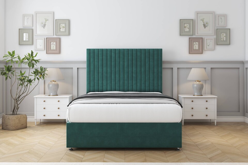 image 1 of Sloomy Manhattan Emerald Plush Divan Bed Base 2 Drawers Foot-End With 54 Inch Floor Standing Headboard | Green | Emerald | Double | 1