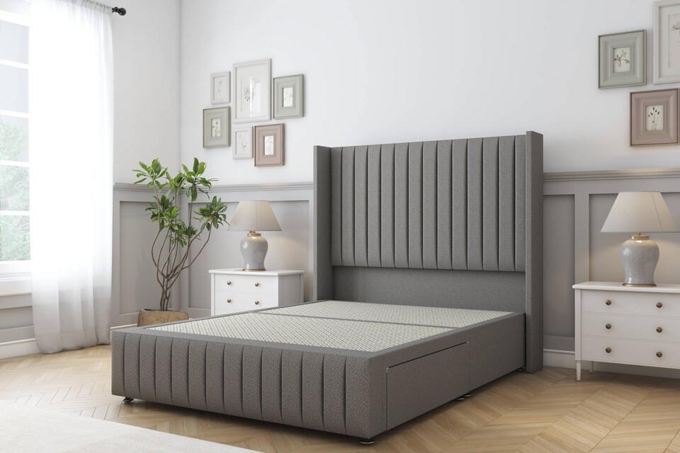 image 1 of Sloomy Marlborough Pewter Dumfries Divan Bed Base No Drawers With 54 Inch Wingback Headboard & 12 Inch Matching Footboard | Grey | Pewter | Double | 1