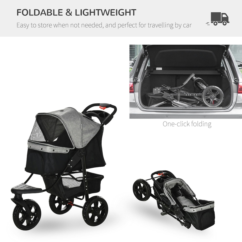 image 1 of PawHut Folding 3 Wheel Pet Stroller Travel Adjustable Canopy Storage Brake Grey