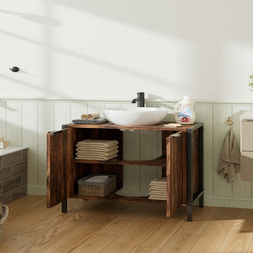 image 1 of Living and Home Double Door U-Shaped Under Sink Cabinet - Walnut Brown 60x30x60cm Brown