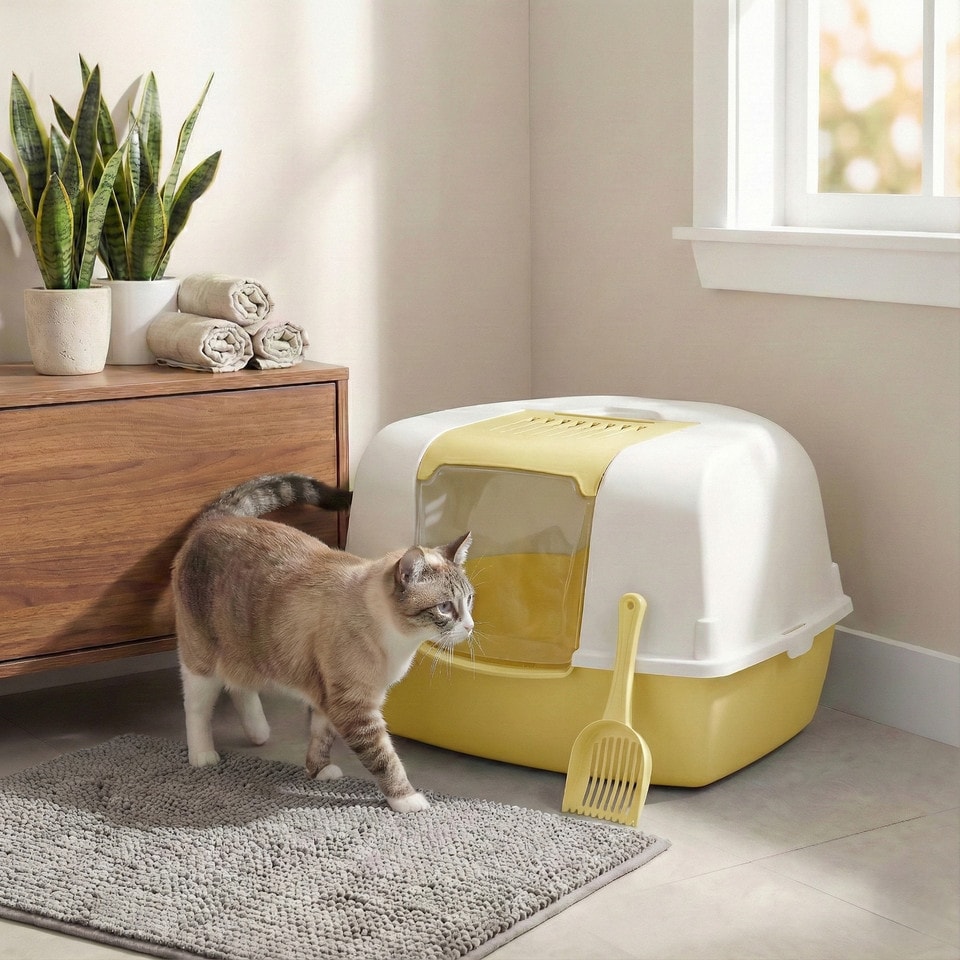 image 1 of Large Cat Corner Litter Tray Hooded Deep Cover Toilet Flap Box with Filter & Scoop | Yellow | Yellow | 1