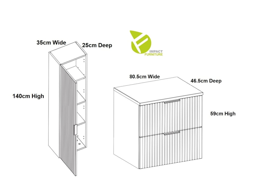 image 1 of Bathroom Cabinets Furniture Set Wall Hung 800mm Vanity Unit with Countertop and Tall Storage Cabinet Black Ribbed Fluted Adel