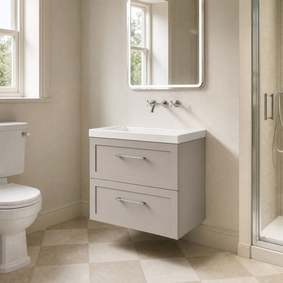 image 1 of Balterley Stonnall Traditional Wall Hung 2 Drawers Vanity Unit with 0 Tap Hole Fireclay Basin, 600mm, Pebble Grey