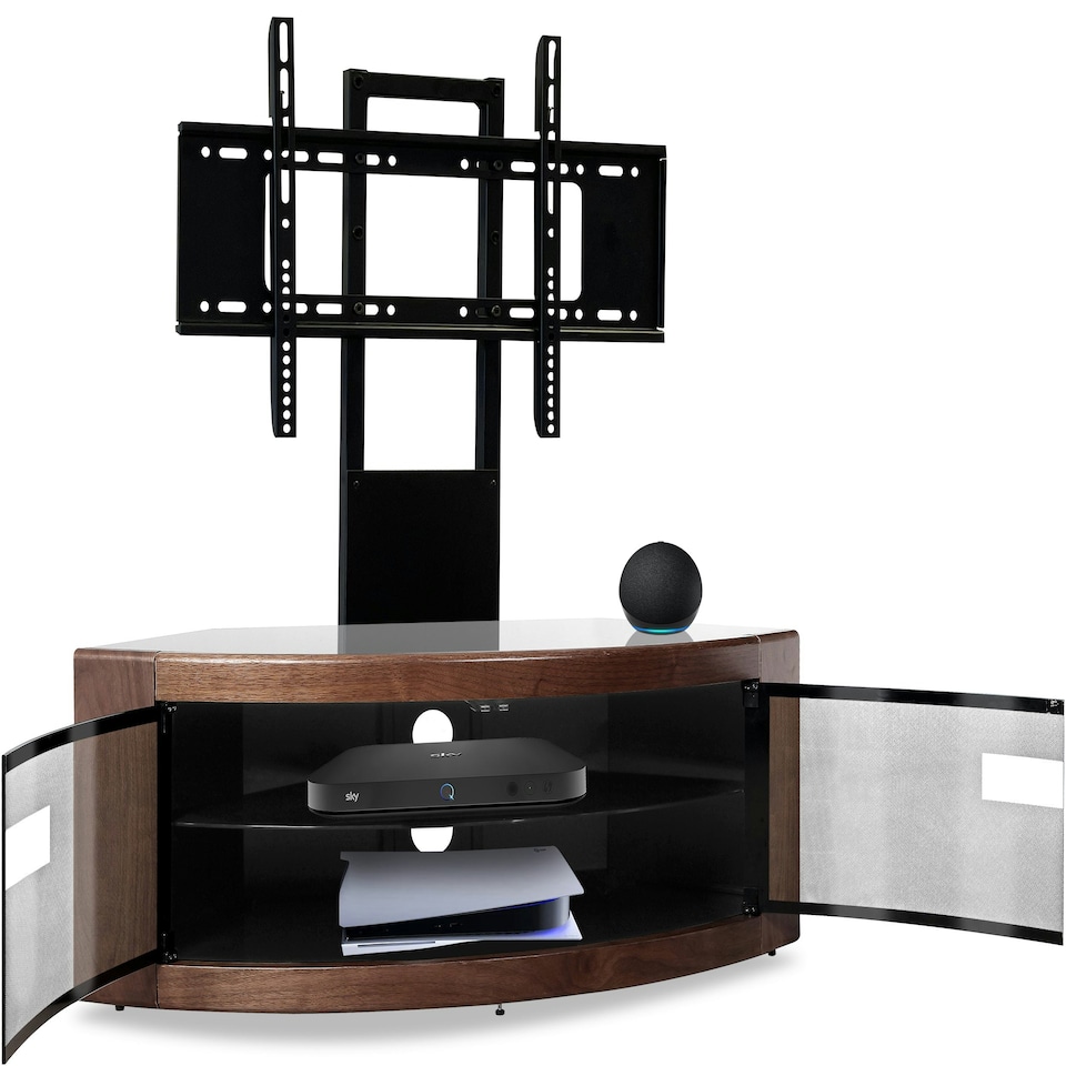 image 1 of Centurion Supports PANGEA Black/Walnut Beam-Thru Curved True-Corner 32"-50" TV Cabinet with Mounting Arm Black | Walnut