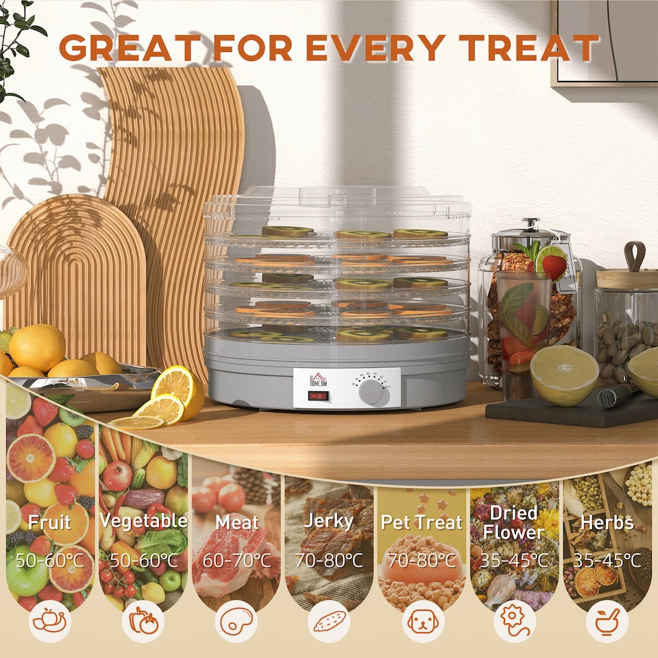 image 1 of HOMCOM 5 Tier Food Dehydrator, 245W Food Dryer Machine with Adjustable Temperature Control for Drying Fruit, Meat, Vegetable, Jerky and Pet Treat, Grey