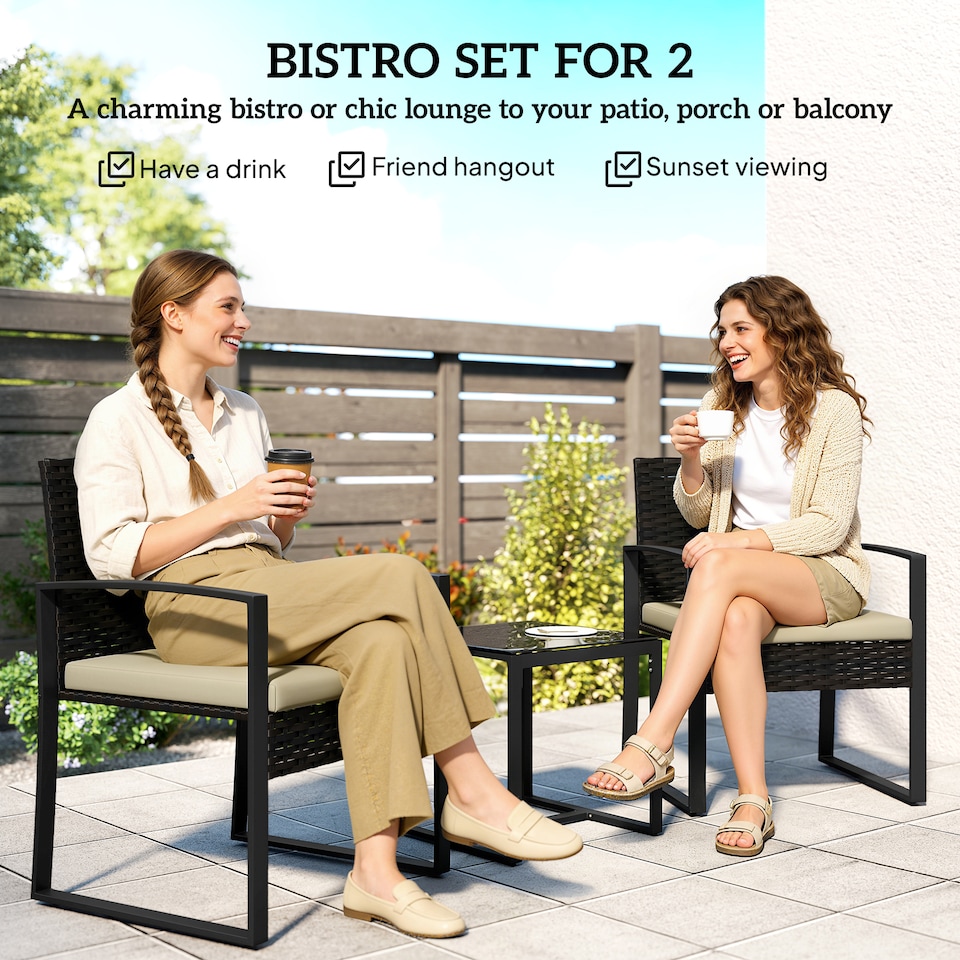image 1 of Outsunny Rattan Bistro Set, 3 PCS Garden Furniture with Cushion, Khaki | Brown | Khaki seat, brown rattan, black frame | Chair: 55W x 58D x 76H cm; Table: 40L x 40W x 40H cm