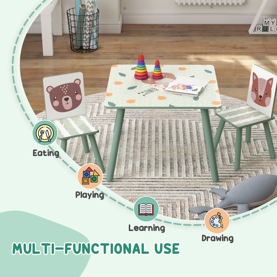 image 1 of ZONEKIZ Kids Table and Chairs, Children Desk with 2 Chairs, Green