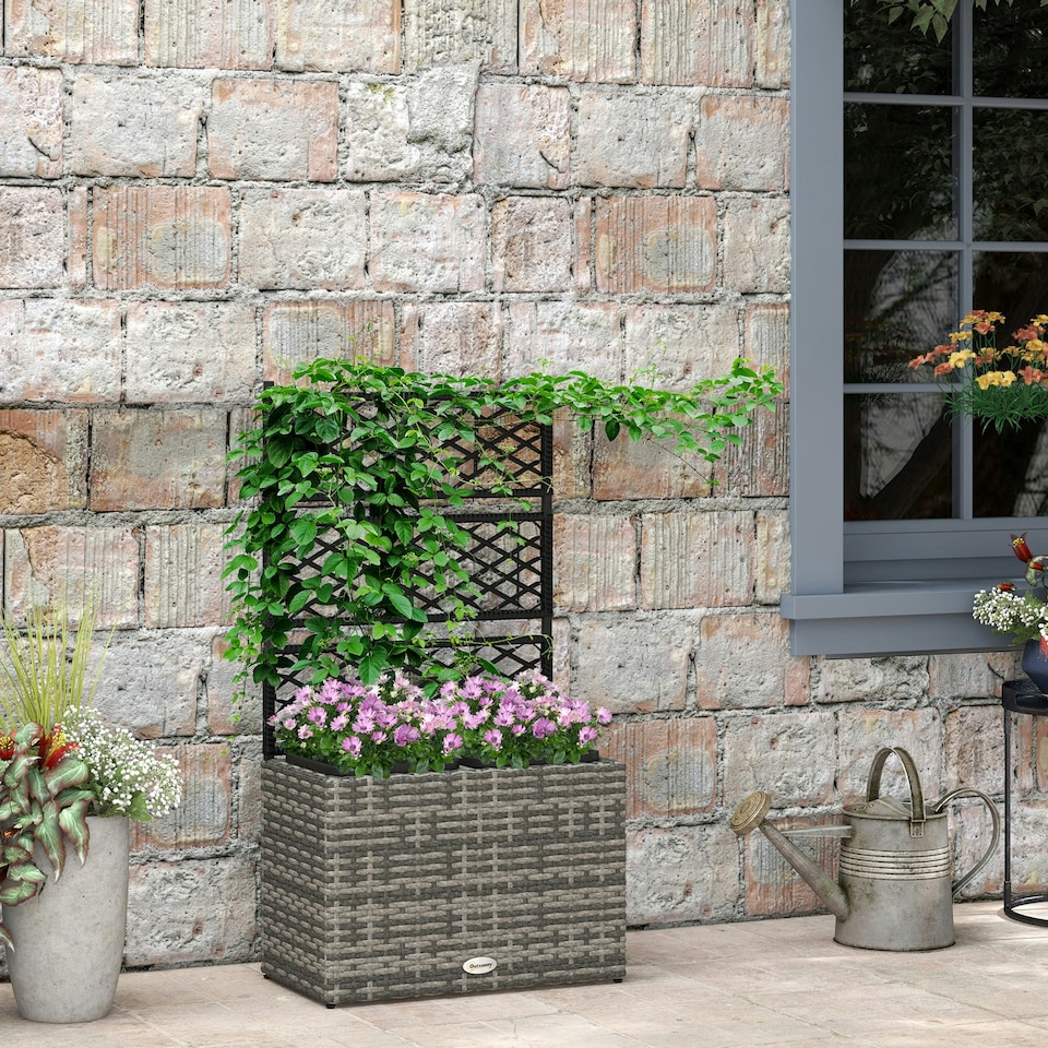 image 1 of Outsunny Garden PE Rattan Planter Box w/ Trellis Flower Raised Bed, 57x30x107cm