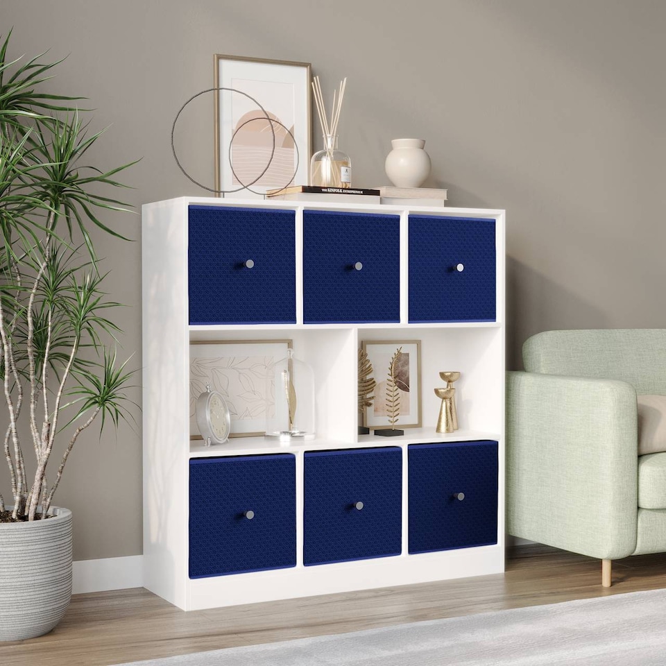 image 1 of Asymmetrical 8 Cube Bookcase Unit w/ 6 Drawer Inserts | White | White & Royal Blue | 8